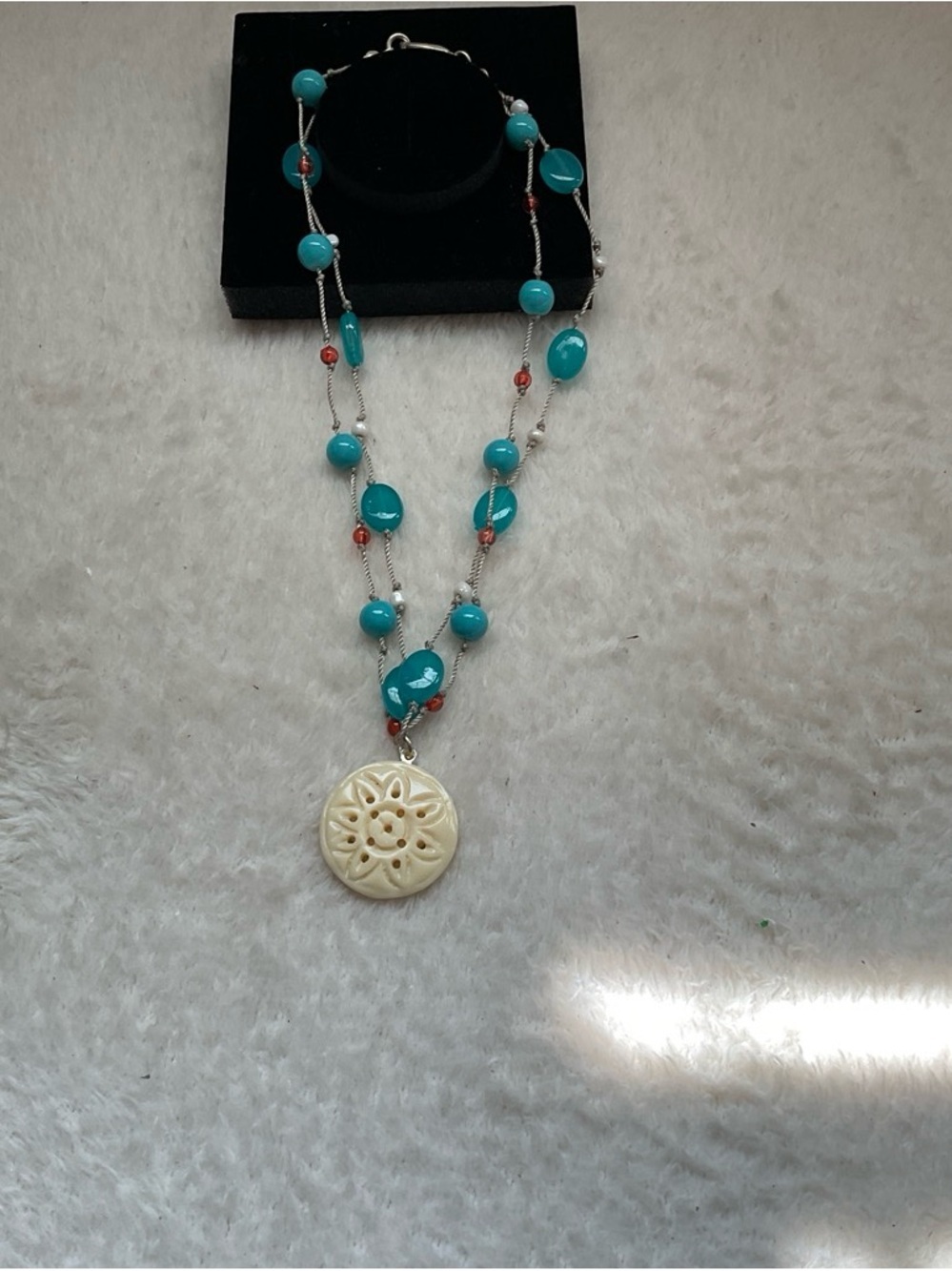 Turquoise Bead Necklace with Carved Cream Pendant
